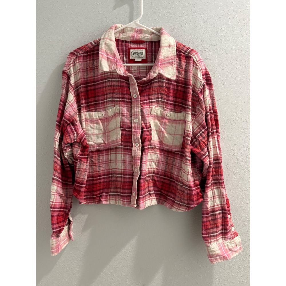 American Eagle Red Pink Plaid Cropped Flannel Shirt Womens XL Button Down Boxy